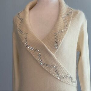 Red Collection Ivory Angora Holiday Sweater with Rhinestones/Pearls on Collar